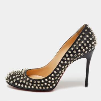 Pre Owned Christian Louboutin Black Leather Fifi Spike Round Toe Pumps Size 39.5