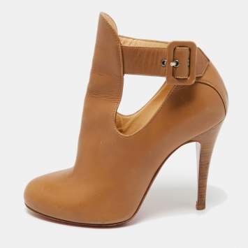 Pre Owned Christian Louboutin Brown Leather Cut Out Ankle Length Boots 