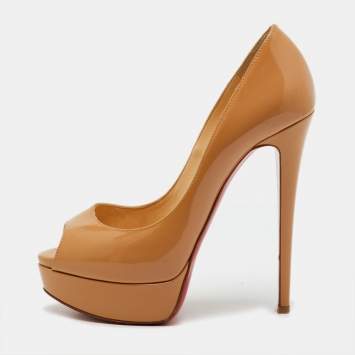Pre Owned Christian Louboutin Beige Patent Leather Lady Peep Toe Platform Pumps Size 37.5