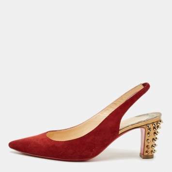Pre Owned Christian Louboutin Red Suede Slingback Spike Block Pumps Size 36