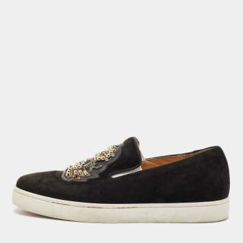 Pre Owned Christian Louboutin Black Suede Embellished Slip On Sneakers Size 39