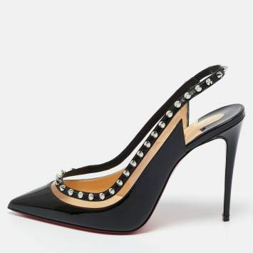Pre Owned Christian Louboutin Black Patent Leather and PVC Brigadine 100 Slingback Pumps Size 39.5