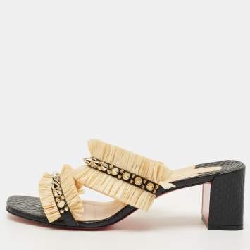 Pre Owned Christian Louboutin Black Python Effect Leather and Raffia Marivodu Slide Sandals Size 38.5