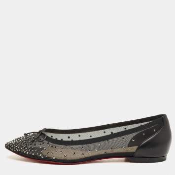 Pre Owned Christian Louboutin Black Leather and Mesh Patio Ballet Flats Size 41