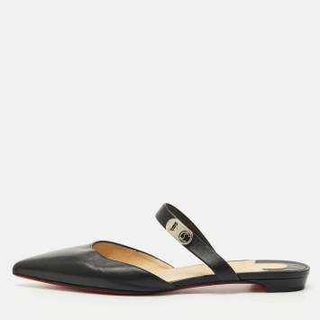 Pre Owned Christian Louboutin Black Leather Choc Lock Flat Mules Size 40.5