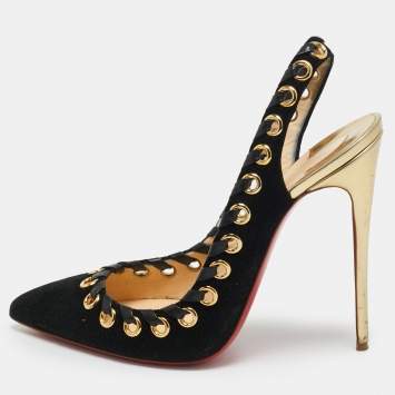 Pre Owned Christian Louboutin Black Leather and Suede Ostri Slingback Sandals Size 39