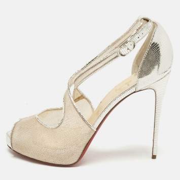 Pre Owned Christian Louboutin Silver Leather and Mesh Mariacar Ankle Strap Sandals Size 41