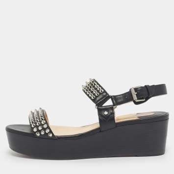 Pre Owned Christian Louboutin Black Leather Cordorella Spiked Wedge Leather Sandals Size 38