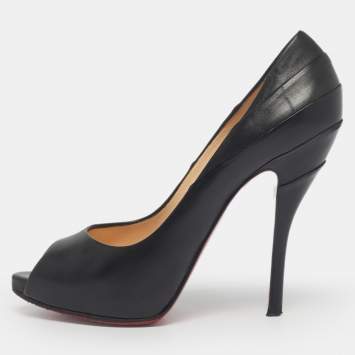 Pre Owned Christian Louboutin Black Leather  Peep Toe Pumps Size 38.5