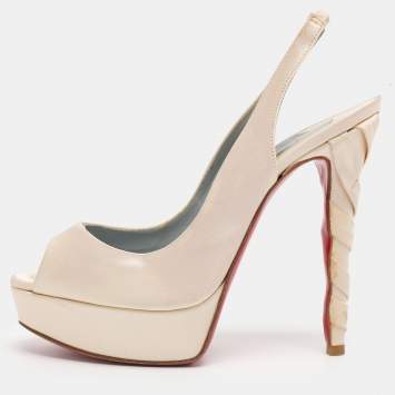 Pre Owned Christian Louboutin Pearl Satin Plisseta Slingback Platform Pumps Size 37