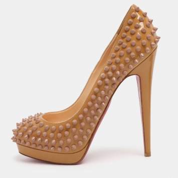 Pre Owned Christian Louboutin Beige Patent Leather Alti Spiked Platform Pumps Size 39