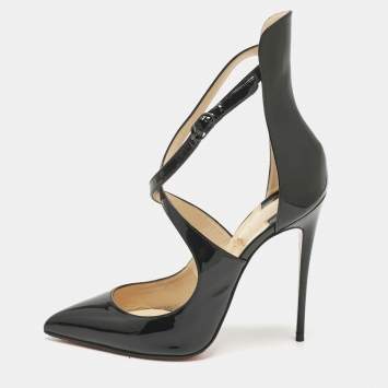 Pre Owned Christian Louboutin Black Patent Leather Marlenarock Ankle Strap Sandals Size 39.5
