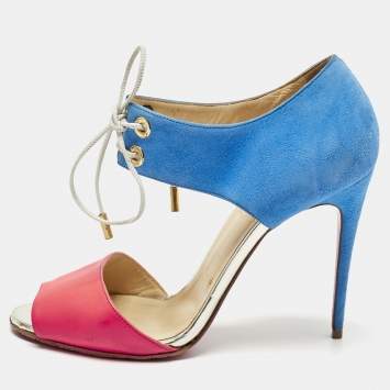 Pre Owned Christian Louboutin Two Tone Patent Leather and Suede Mayerling Sandals Size 39.5
