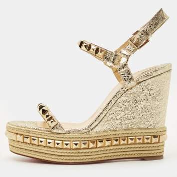 Pre Owned Christian Louboutin Gold Leather Cataclou Wedge Sandals Size 40