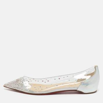 Pre Owned Christian Louboutin Silver/Transparent Leather and PVC Crystal Embellished Degrassita Ballet Flats Size 37