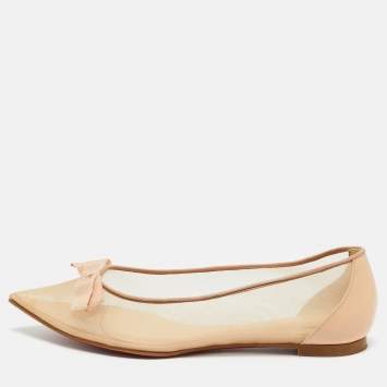 Pre Owned Christian Louboutin Beige Mesh and Patent Leather Bow Pointed Toe Ballet Flats Size 38