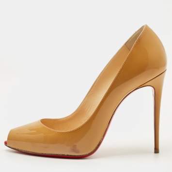 Pre Owned Christian Louboutin Beige Patent Leather Very Prive Peep Toe Pumps Size 37