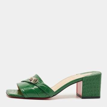 Pre Owned Christian Louboutin Green Croc Embossed Leather Lock Art Slide Sandals Size 38