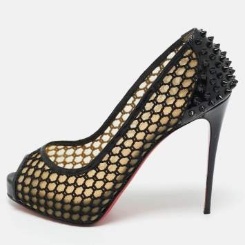 Pre Owned Christian Louboutin Black Patent Leather and Mesh Guni Spiked Peep Toe Platform Pumps Size 40.5