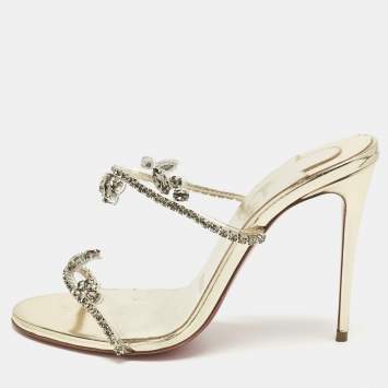 Pre Owned Christian Louboutin Gold Patent Leather and PVC Just Queen Slide Sandals Size 36