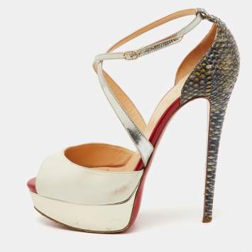 Pre Owned Christian Louboutin Multicolor Python and Leather Crisscross Peep Toe Platform Pumps Size 38
