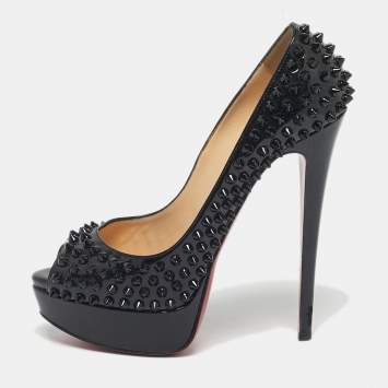 Pre Owned Christian Louboutin Black Patent Leather Lady Peep Spikes Pumps Size 38
