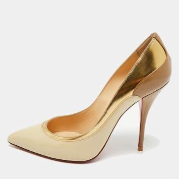 Pre Owned Christian Louboutin Beige/Gold Patent Leather Tucsick Pointed Toe Pumps Size 39