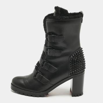 Pre Owned Christian Louboutin Black Leather and Shearing Spike Accents Combat Boots Size 39