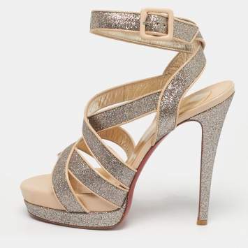 Pre Owned Christian Louboutin Beige/Gold Glitter and Leather Straratata Strappy Platform Sandals Size 37