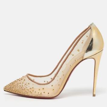 Pre Owned Christian Louboutin Gold Leather and Mesh Follies Strass Pumps Size 39