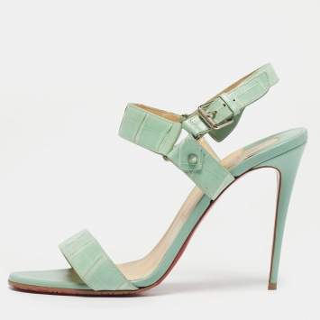Pre Owned Christian Louboutin Green Alligator Leather Sova Ankle Strap Sandals Size 39.5