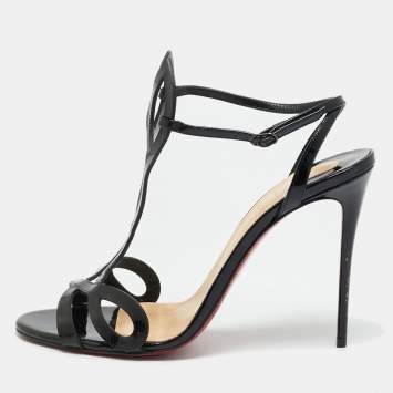 Pre Owned Christian Louboutin Black Patent Leather L 100 Ankle Strap Sandals Size 41