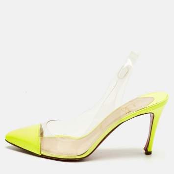 Pre Owned Christian Louboutin Neon Yellow Patent Leather and PVC Pumps Size 37.5