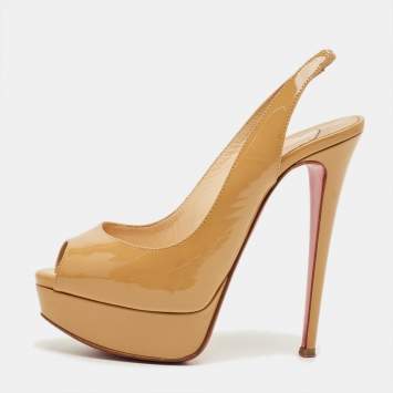 Pre Owned Christian Louboutin Beige Patent Leather Private Number Peep Toe Pumps Size 35.5