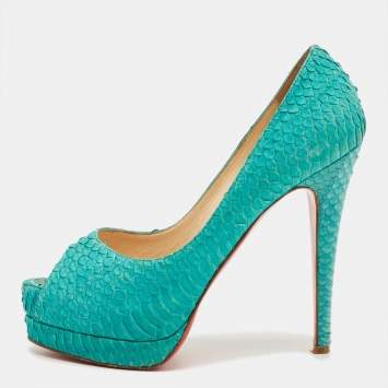 Pre Owned Christian Louboutin Green Python Leather Lady Peep Pumps Size 36