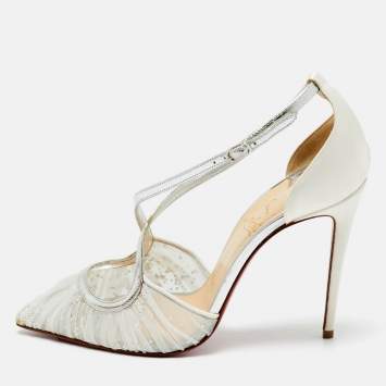 Pre Owned Christian Louboutin Beige/Silver Lace And Satin Twistissima Pointed Toe Ankle Strap Sandals Size 36