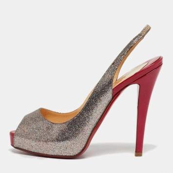 Pre Owned Christian Louboutin Silver/Pink Glitter No Prive Peep Toe Slingback Pumps Size 36