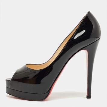 Pre Owned Christian Louboutin Black Patent Leather Lady Peep Toe Platform Pumps Size 38.5