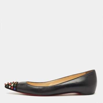 Pre Owned Christian Louboutin Black Leather and Suede Geo Ballet Flats Size 37.5