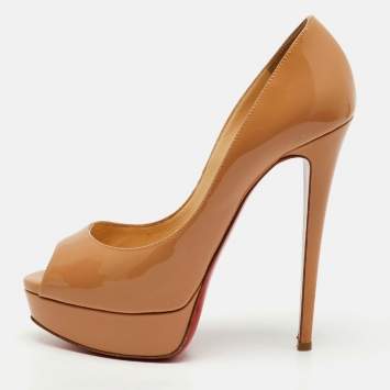 Pre Owned Christian Louboutin Beige Patent Leather Lady Peep Toe Platform Pumps Size 38