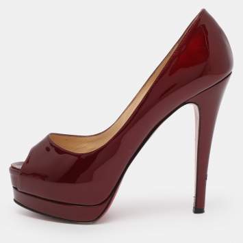Pre Owned Christian Louboutin Burgundy Patent Leather Altadama Platform Peep Toe Pumps Size 36.5