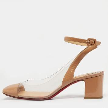 Pre Owned Christian Louboutin Beige Patent Leather and PVC Asticocotte Block Heel Pumps Size 40