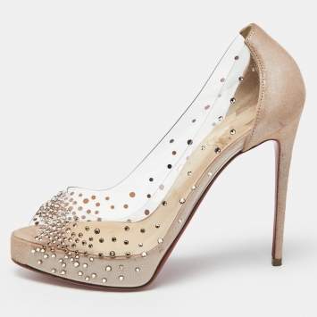 Pre Owned Christian Louboutin Metallic Beige Suede and PVC Very Strass Pumps Size 36