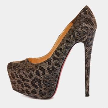 Pre Owned Christian Louboutin Metallic Lurex Fabric Leopard Print Daffodile Platform Pumps Size 38.5
