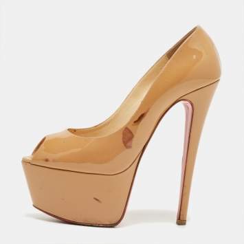 Pre Owned Christian Louboutin Beige Patent  Highness Peep Toe Pumps Size 37.5