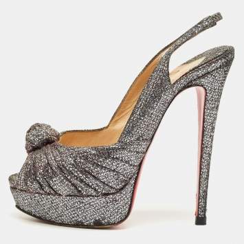 Pre Owned Christian Louboutin Grey Glitter Jenny Knotted Slingback Sandals Size 38