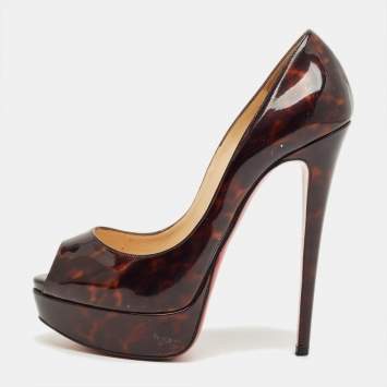 Pre Owned Christian Louboutin Black/Brown Patent Leather Lady Peep Toe Pumps Size 38
