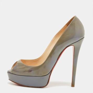 Pre Owned Christian Louboutin Grey Patent Leather Lady Peep Toe Pumps Size 36