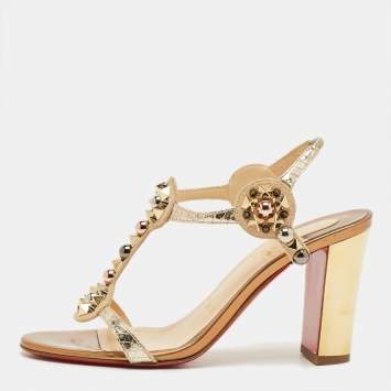 Pre Owned Christian Louboutin Gold/Beige Snakeskin Embossed Leather and Suede Kaleitop Sandals Size 36.5