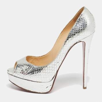 Pre Owned Christian Louboutin Silver Python Embossed Leather Lady Peep Peep Toe Pumps Size 38.5